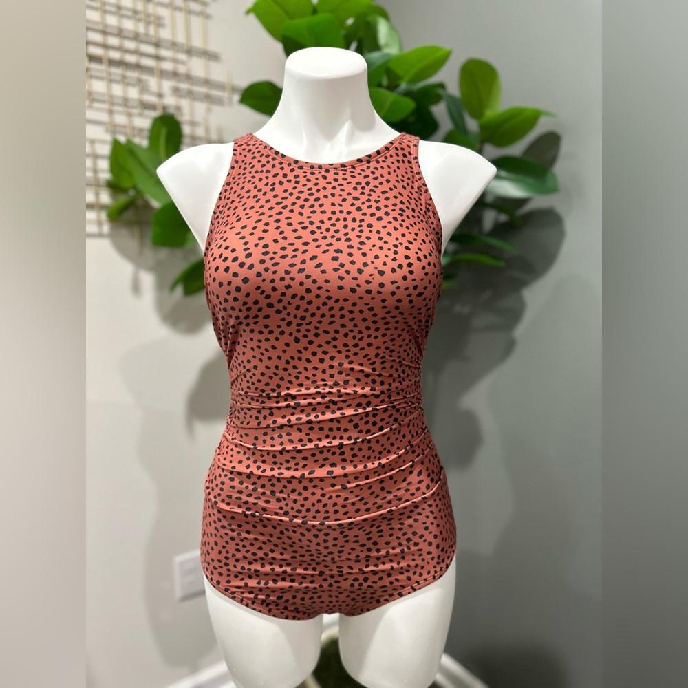 NEW Kona Sol Women's Spotted Print High Neck Ruched Full Coverage one piece S